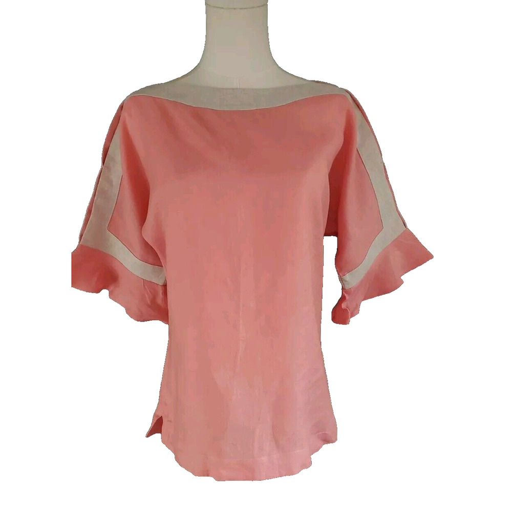 Artisan Linen Salma Quality 100% Peek A Boo Flutter Sleeve Salmon/Khaki
